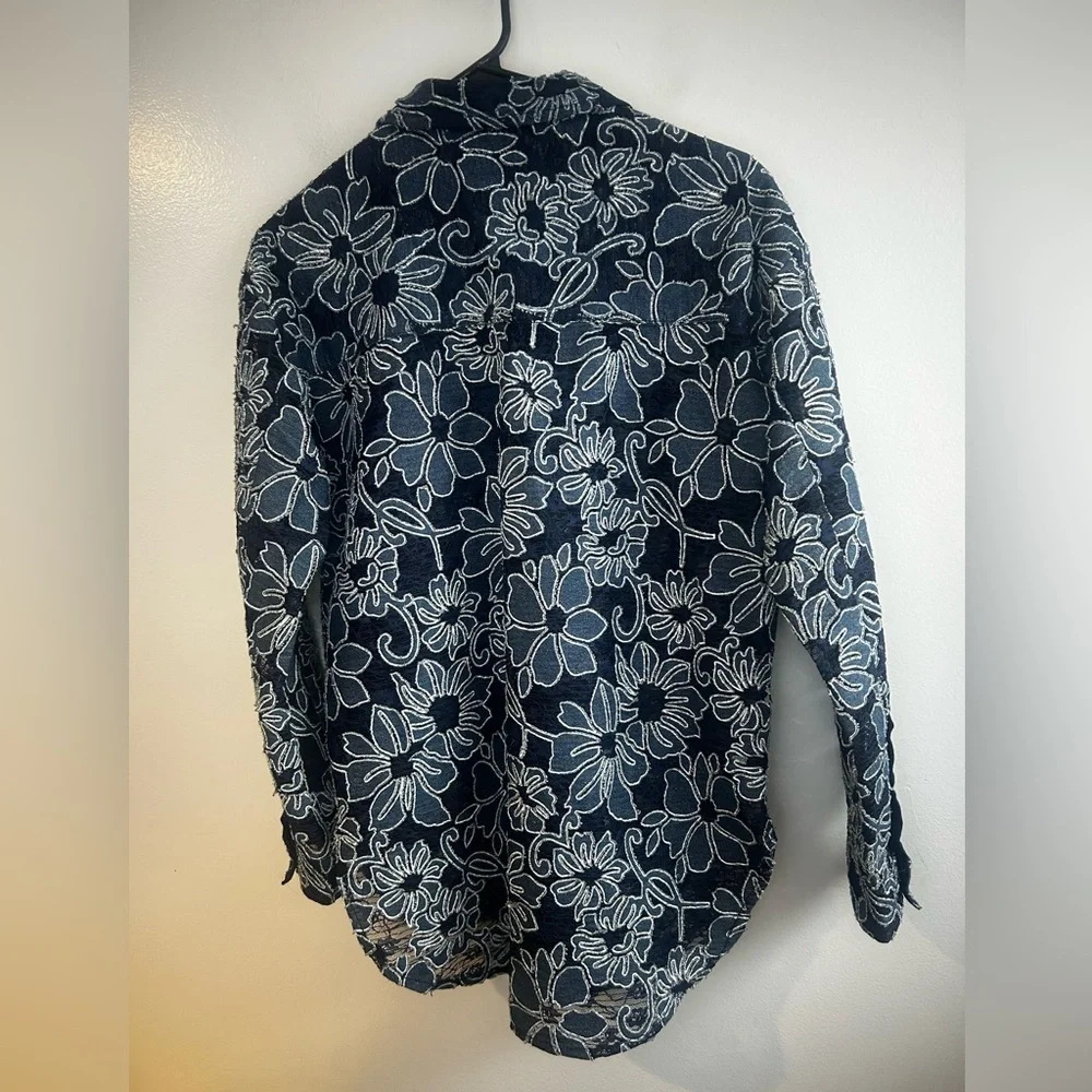 Pilcro Anthropologie Navy Blue Sheer Lace Button Down Shirt Size XS